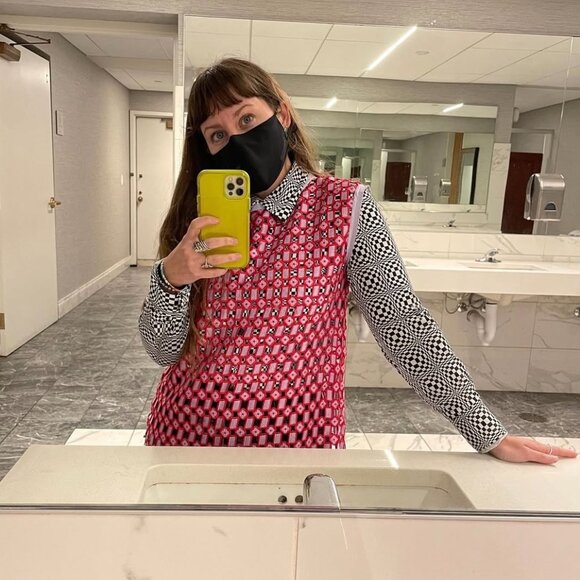 Y2K 00s Moda International Checkered Psychedelic Op Art Button Down Shirt M - Picture 3 of 11